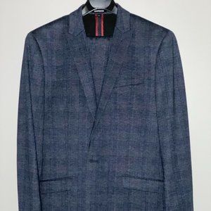 42 Long Slim Fit Express Luxe Dark Blue Plaid Full Suit *Like New*